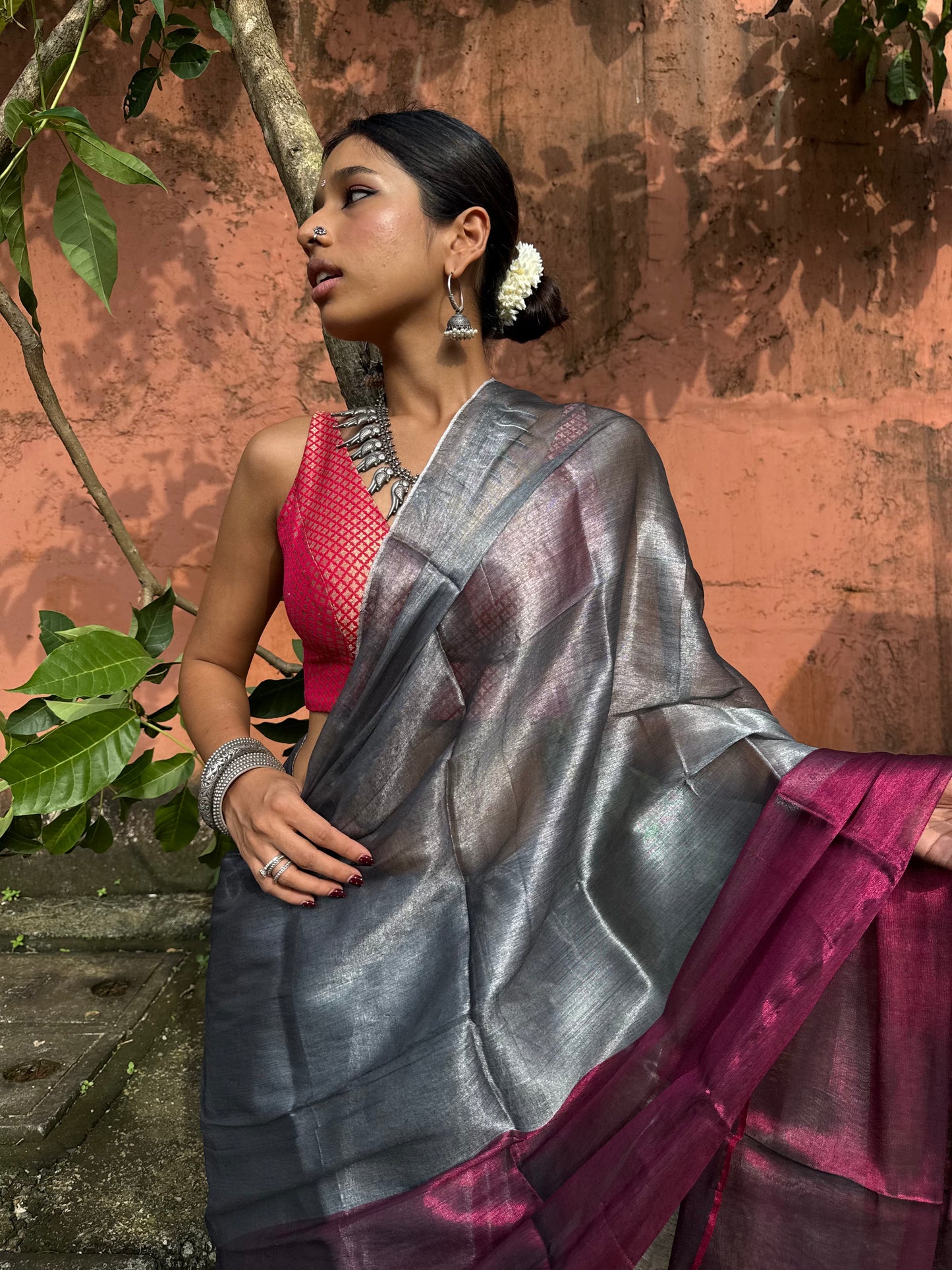 Silver Magenta Tissue Silk Saree