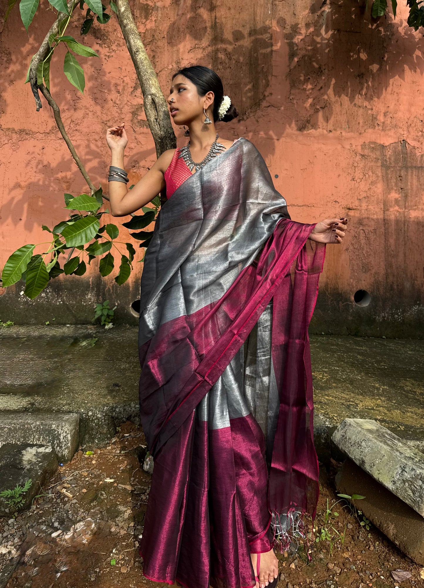 Silver Magenta Tissue Silk Saree