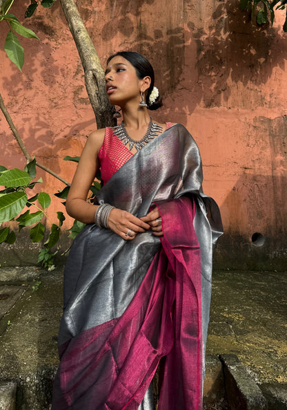 Silver Magenta Tissue Silk Saree
