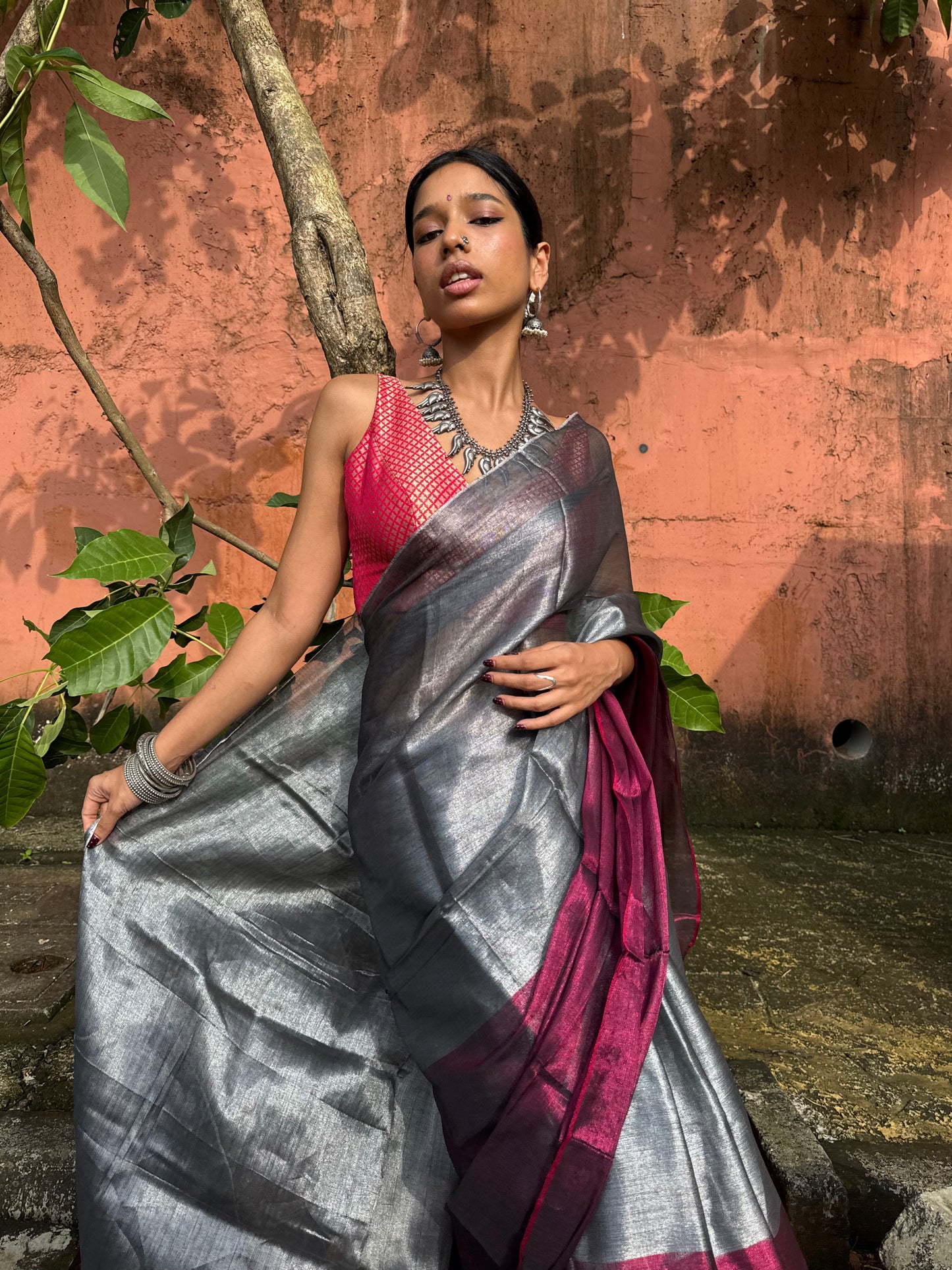 Silver Magenta Tissue Silk Saree
