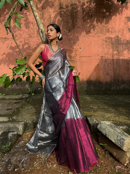 Silver Magenta Tissue Silk Saree