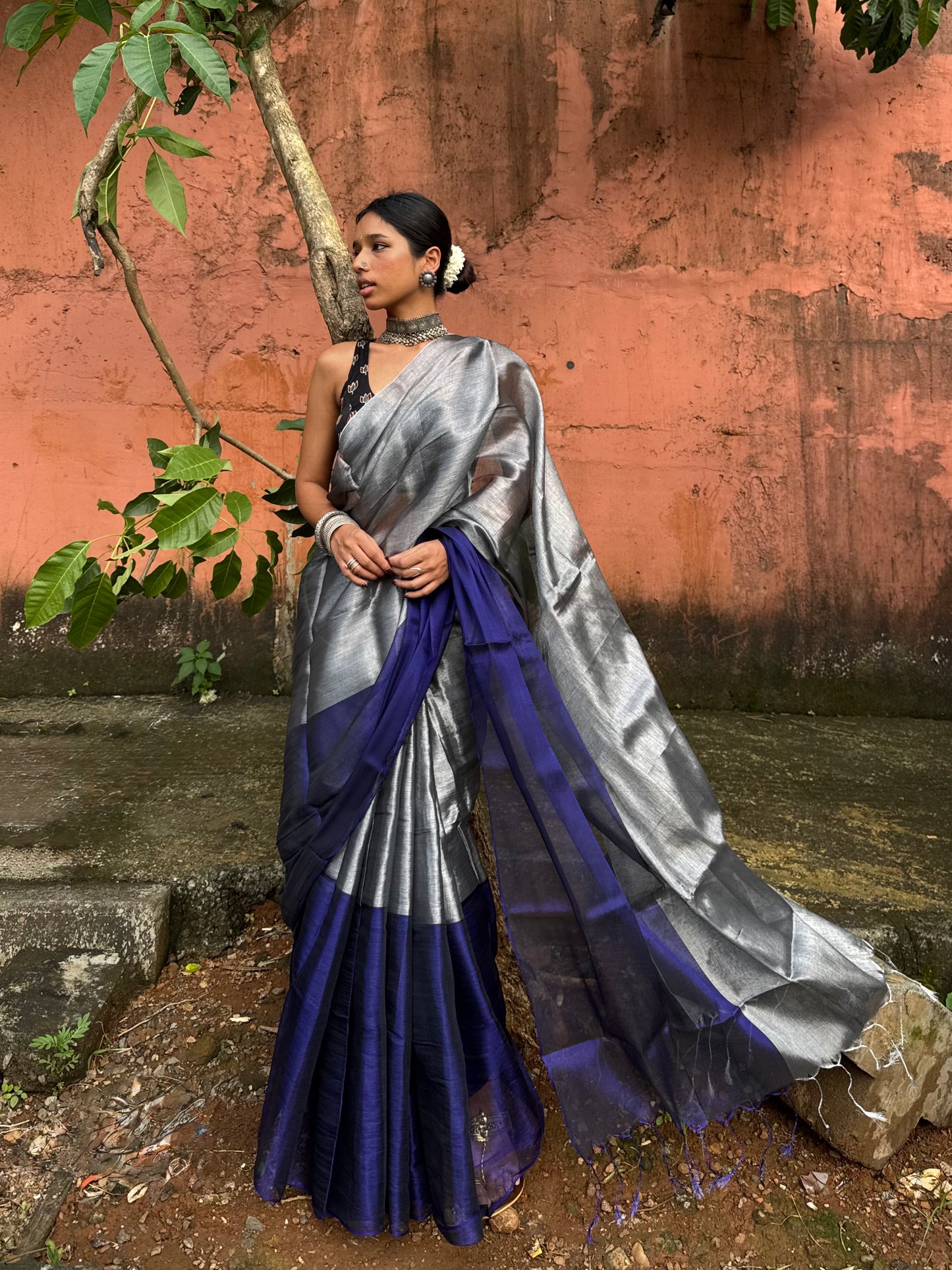 Silver Ink Tissue Silk Saree