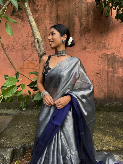 Silver Ink Tissue Silk Saree