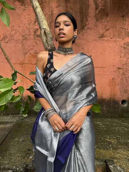 Silver Ink Tissue Silk Saree