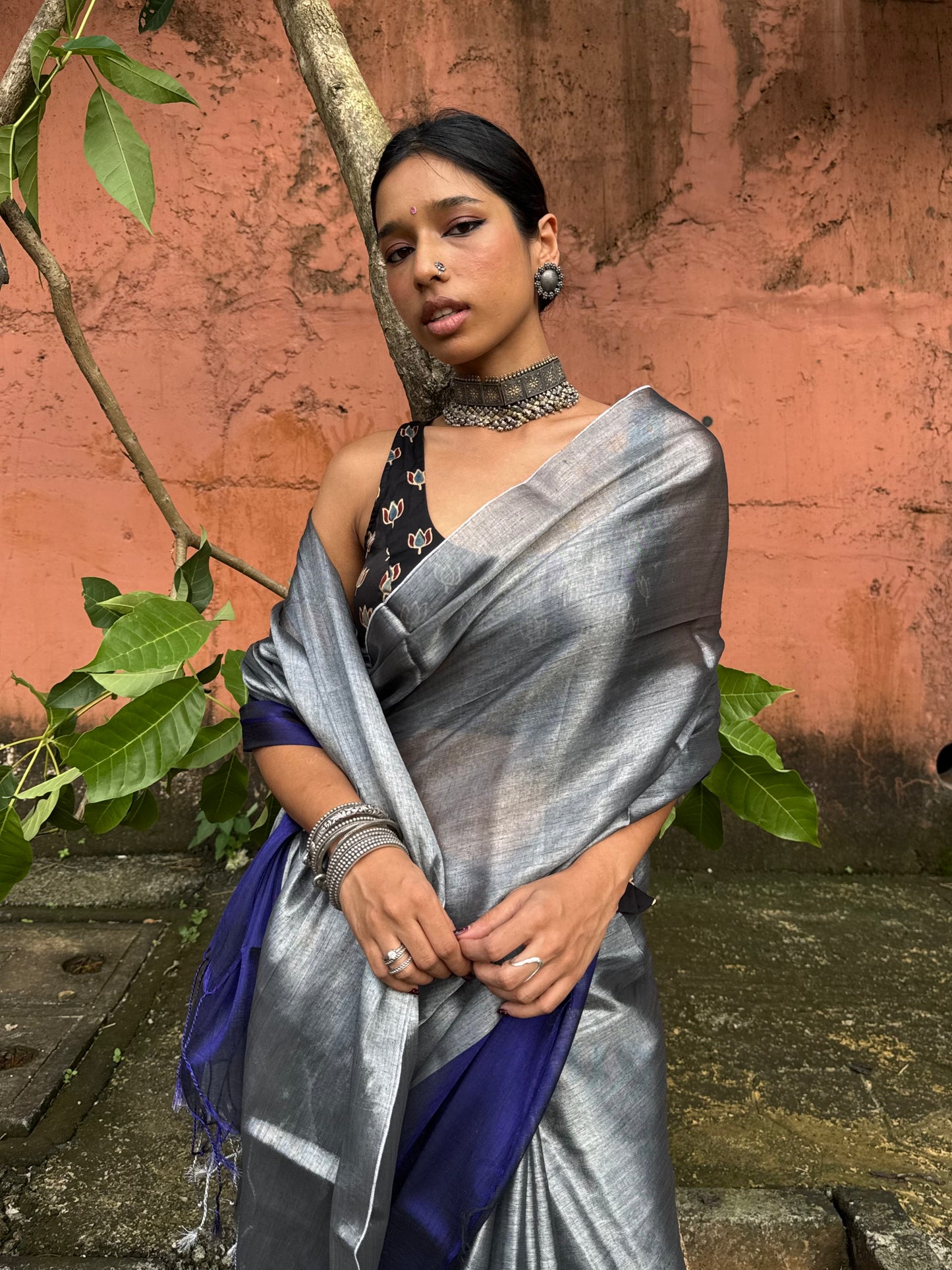 Silver Ink Tissue Silk Saree