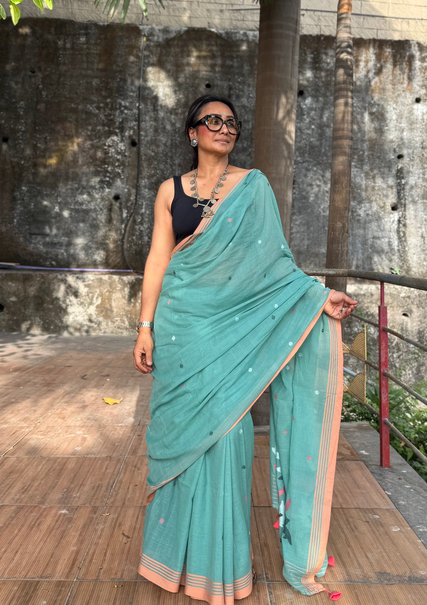 Aqua Jamdani Cotton Saree