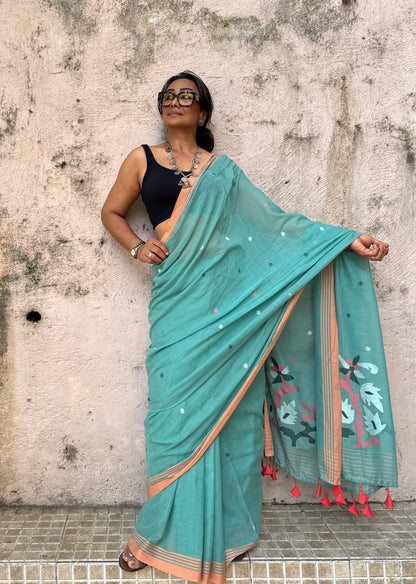 Aqua Jamdani Cotton Saree
