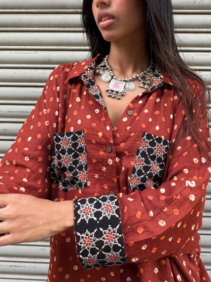 Rust Bandhani Cotton Shirt  (READY TO DISPATCH)