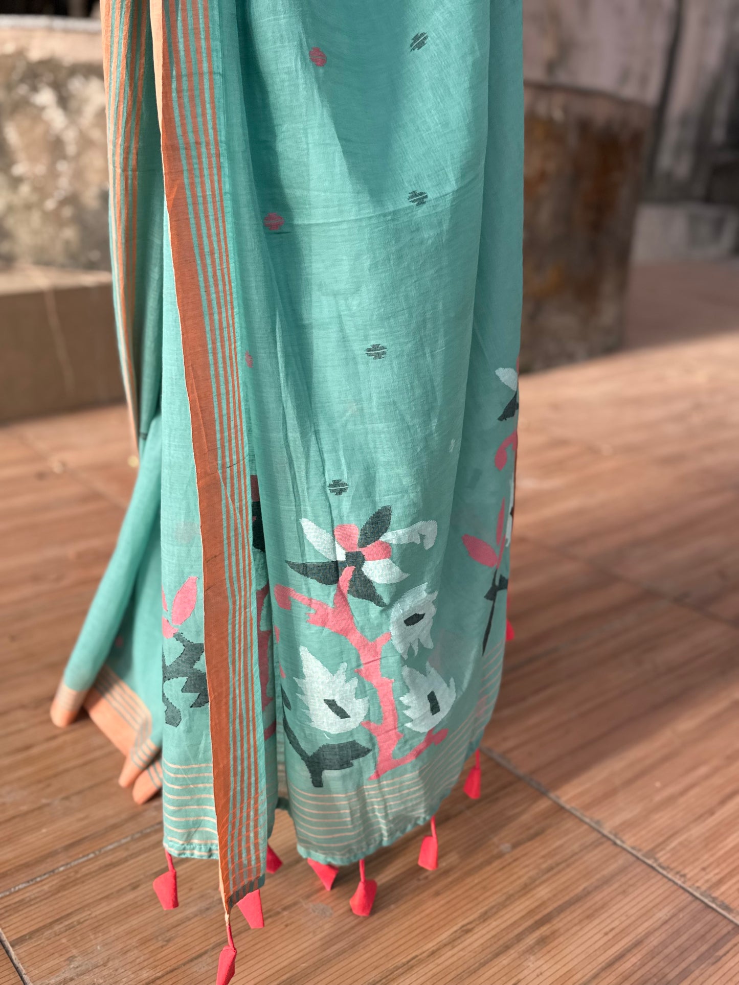 Aqua Jamdani Cotton Saree