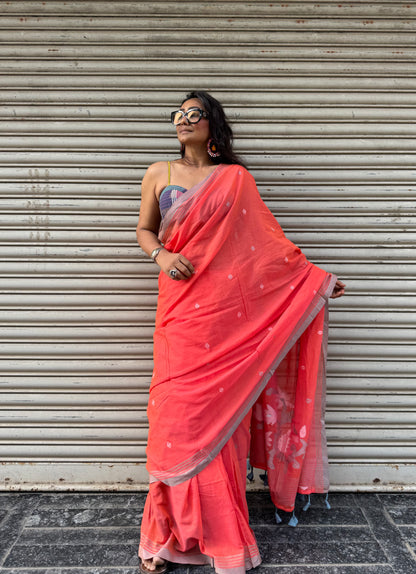 Peach Jamdani Cotton Saree