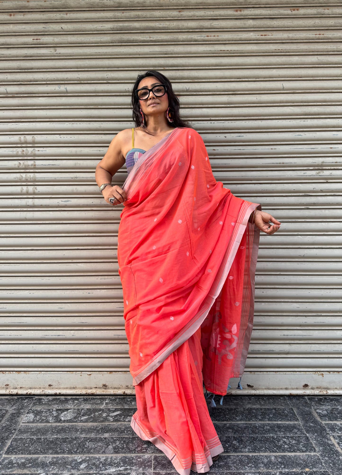 Peach Jamdani Cotton Saree