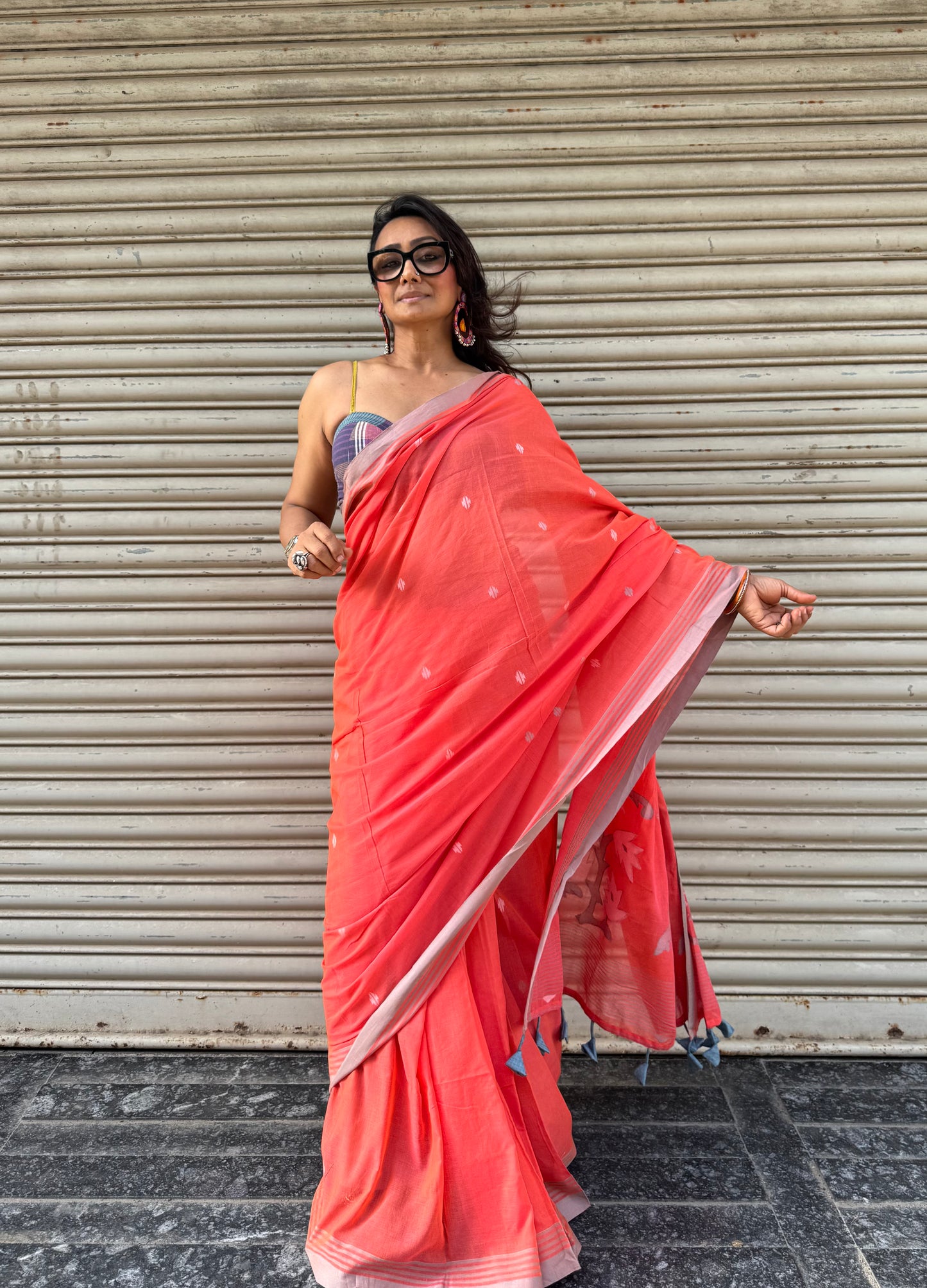 Peach Jamdani Cotton Saree