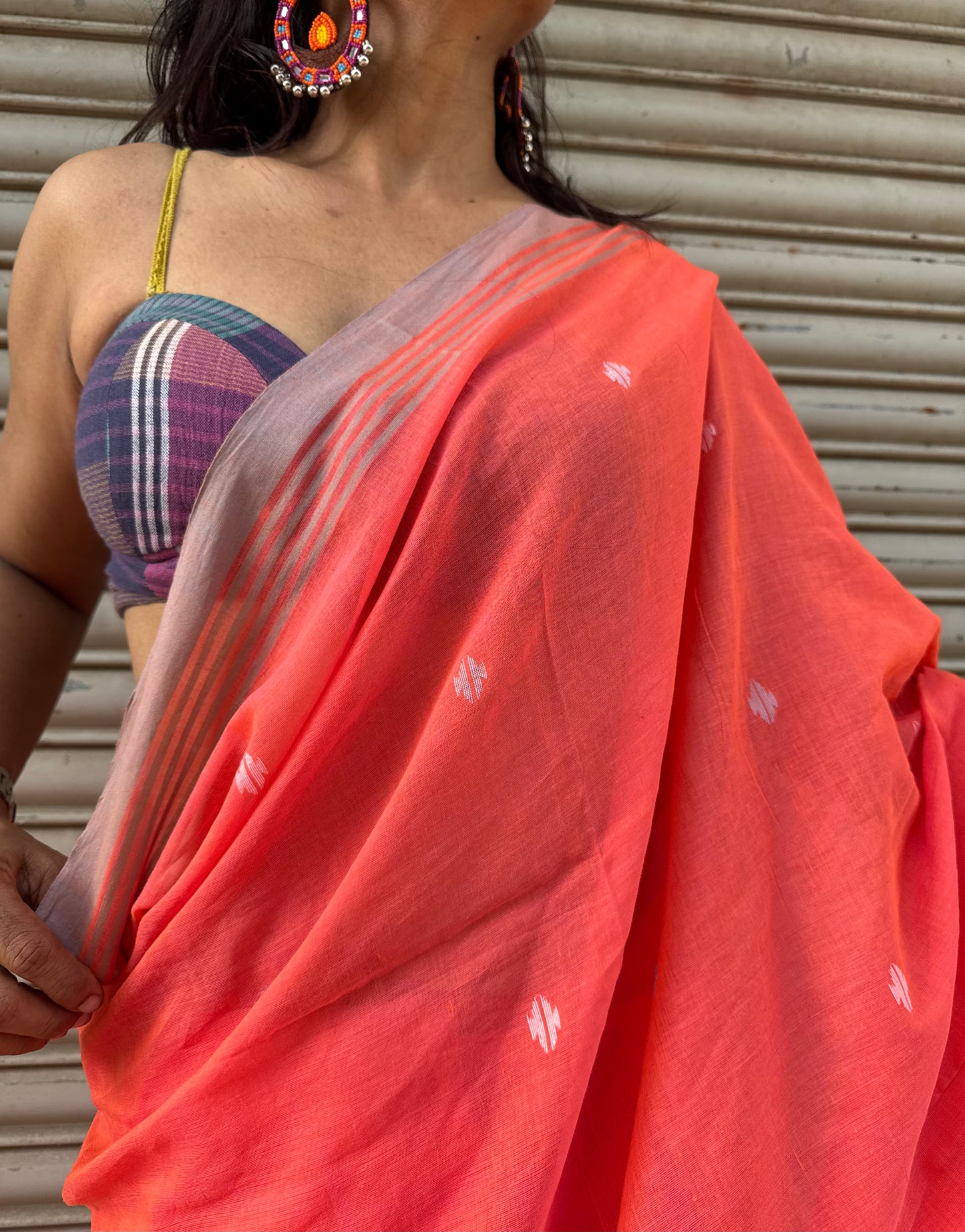 Peach Jamdani Cotton Saree
