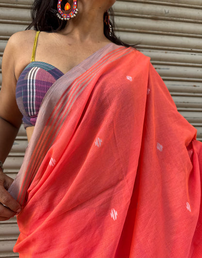 Peach Jamdani Cotton Saree