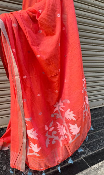 Peach Jamdani Cotton Saree