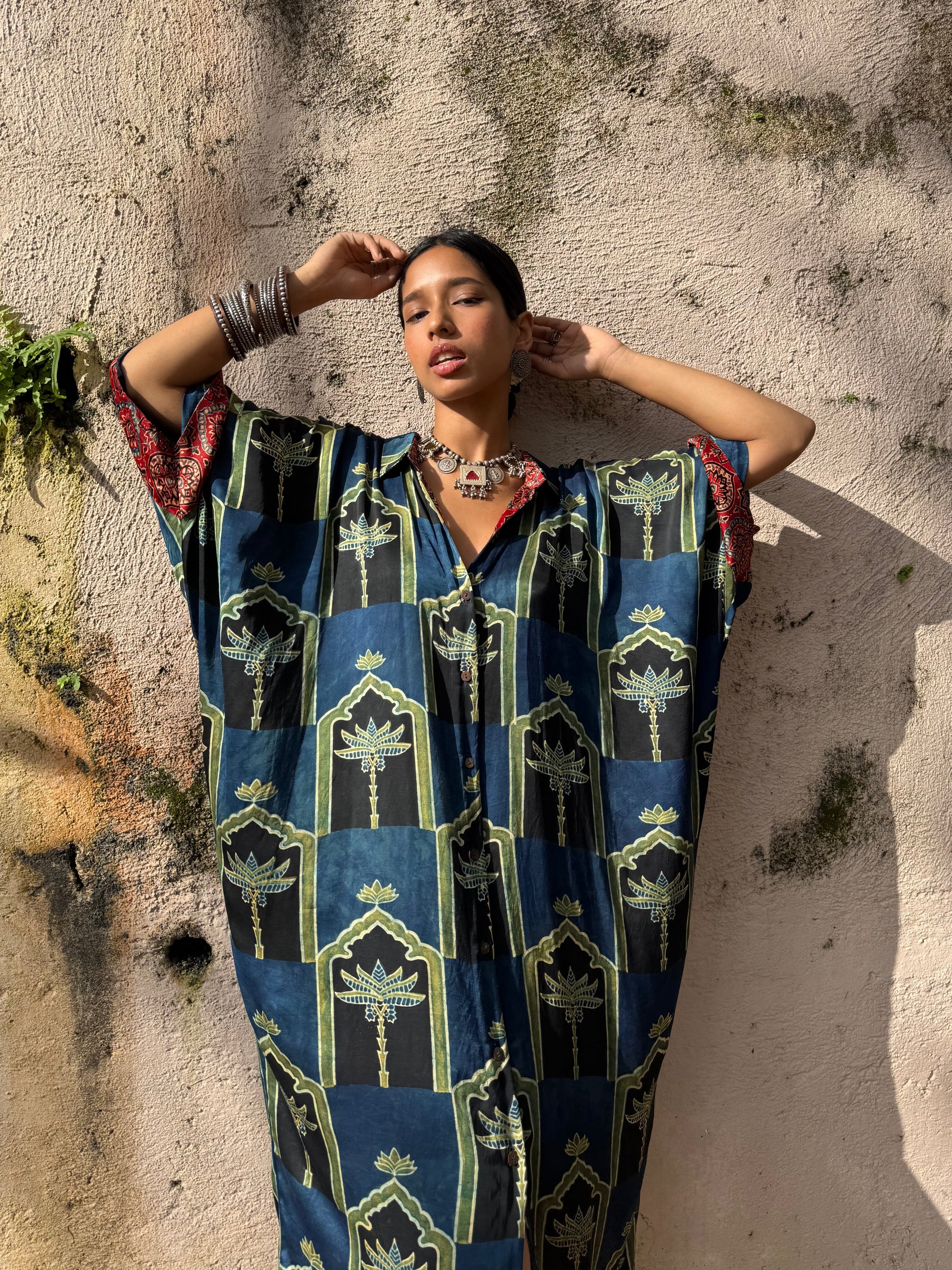 modal silk kaftan dress Modal Silk Ajrakh Kaftan with Zari Dori and Sequins Embroidery LabelPriyankaJha