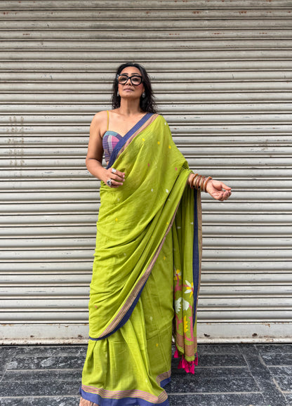 Lime Jamdani Cotton Saree
