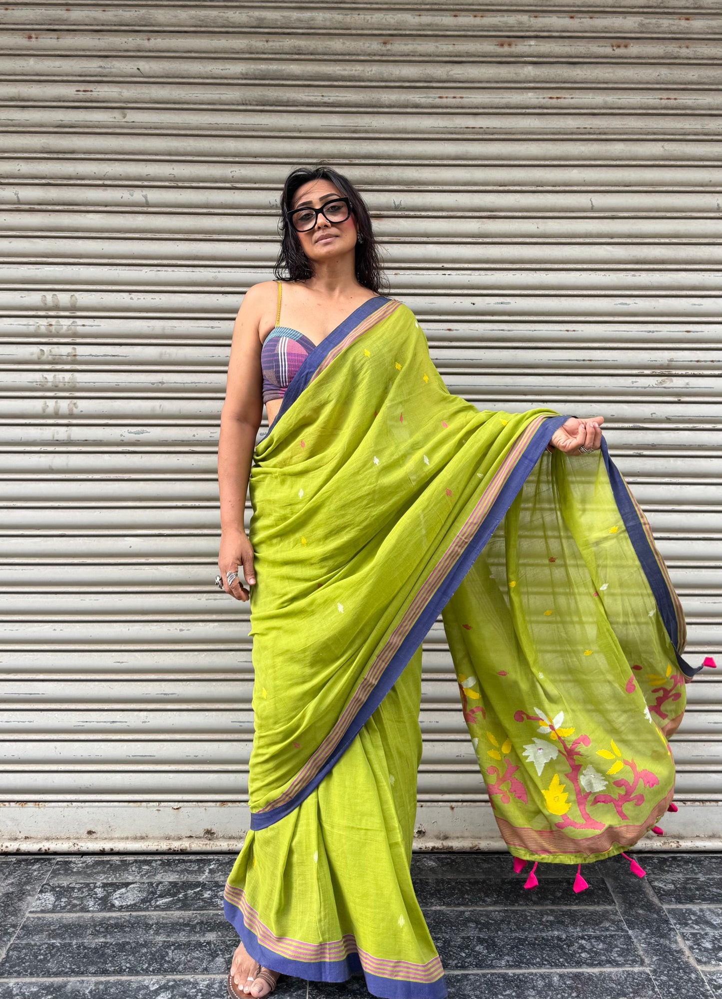 Lime Jamdani Cotton Saree
