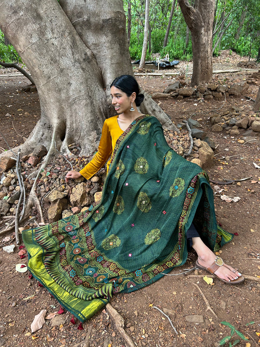 Mehendi green modal silk dupatta with Zari