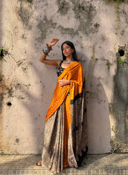 Saffron Bandhani Modal Silk Saree