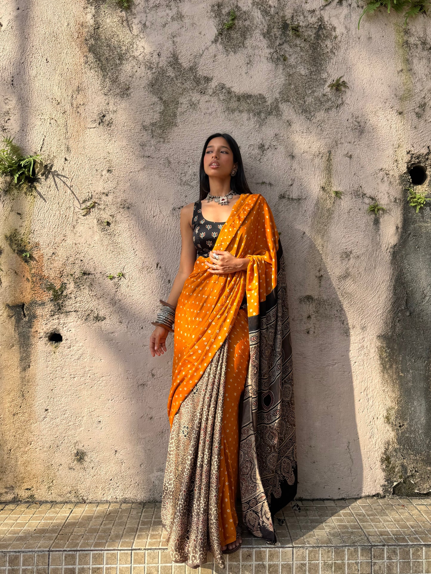 Saffron Bandhani Modal Silk Saree