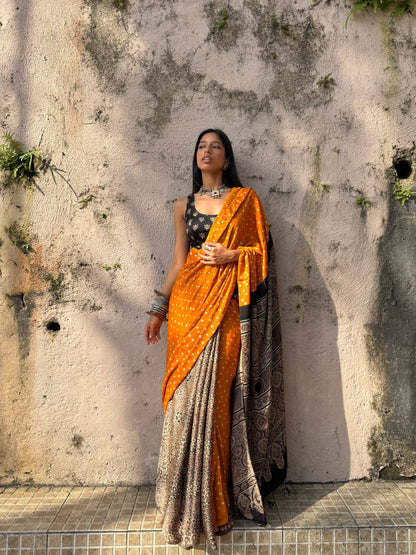 Saffron Bandhani Modal Silk Saree