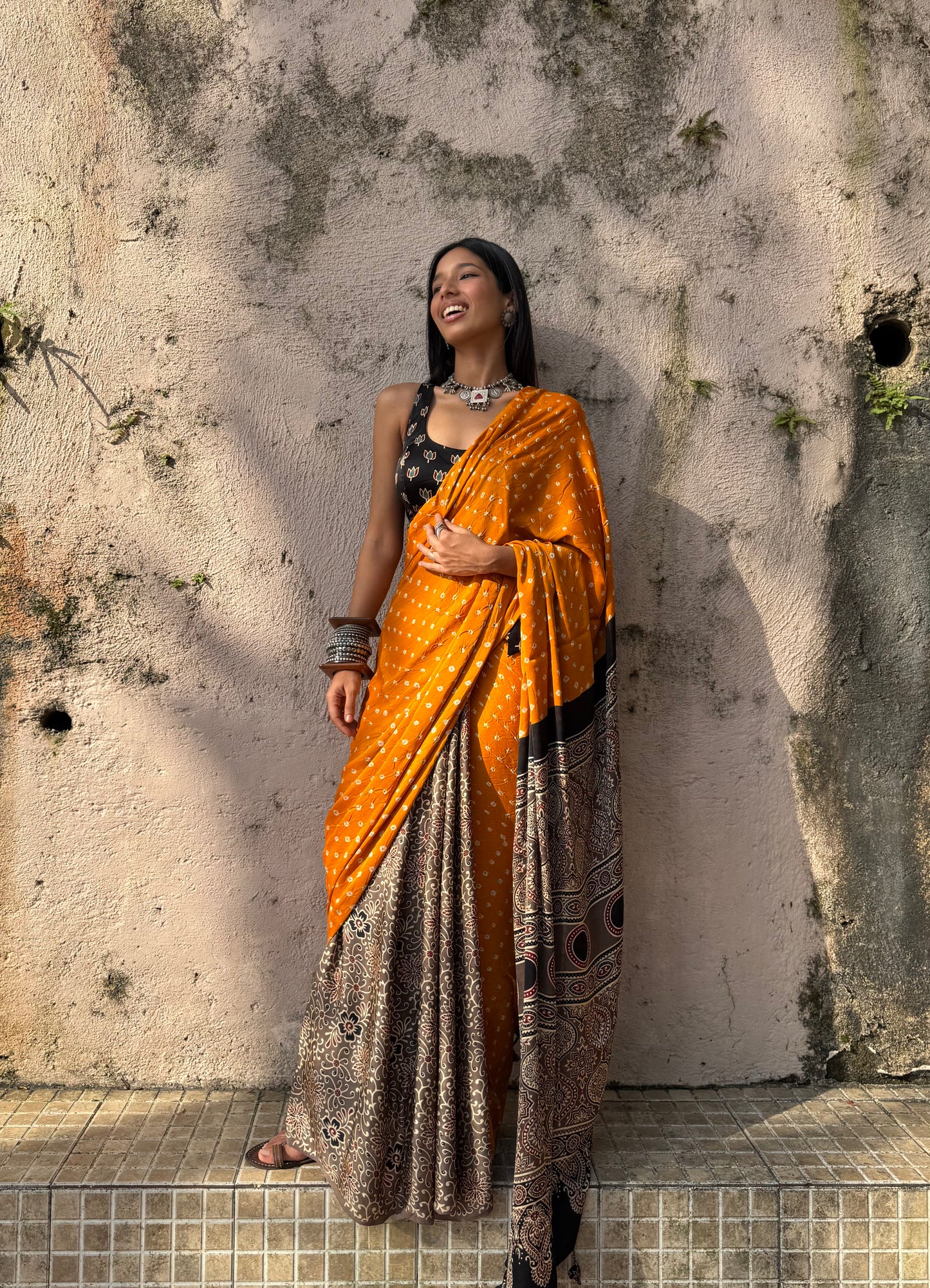 Saffron Bandhani Modal Silk Saree