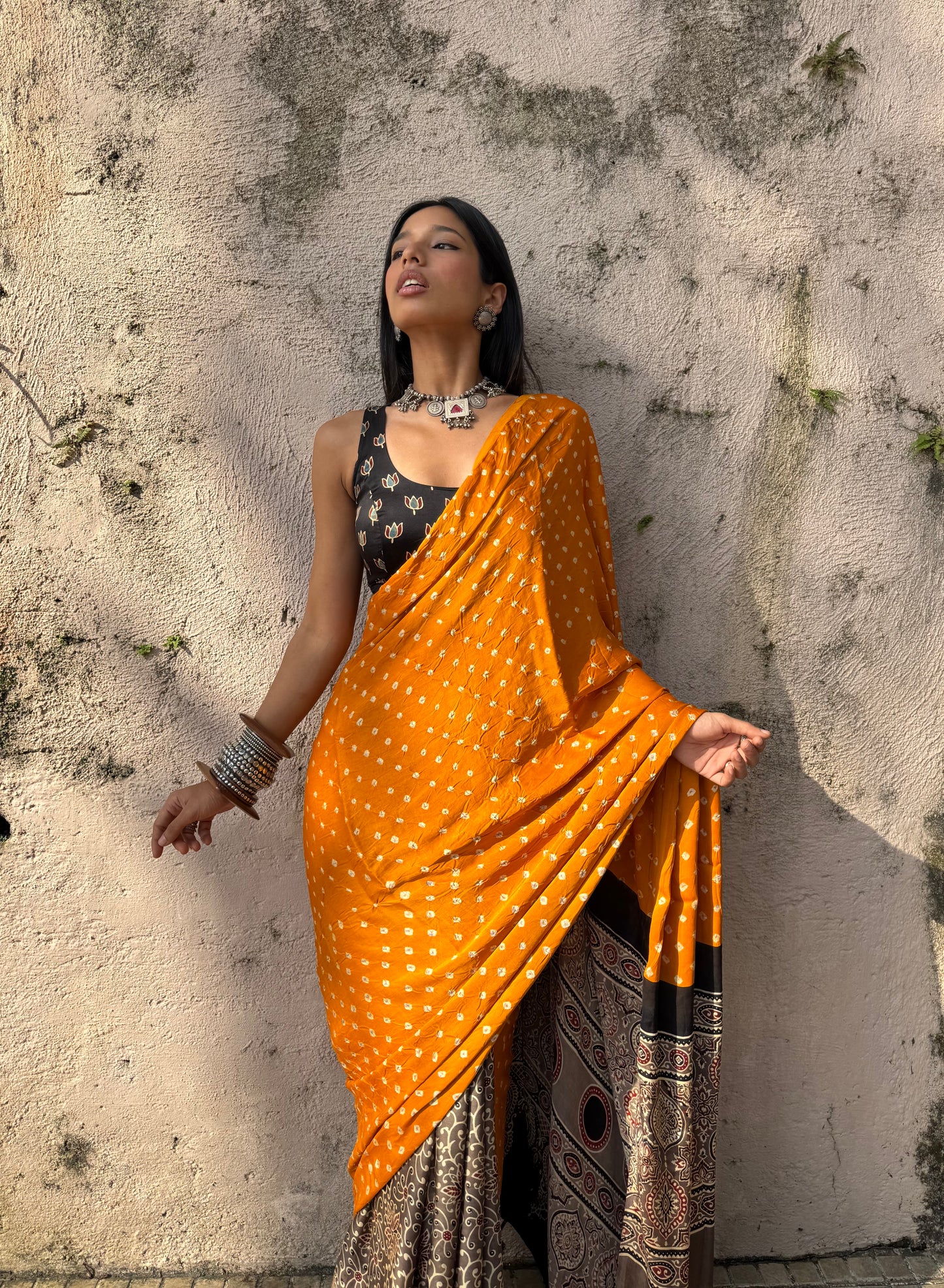 Saffron Bandhani Modal Silk Saree