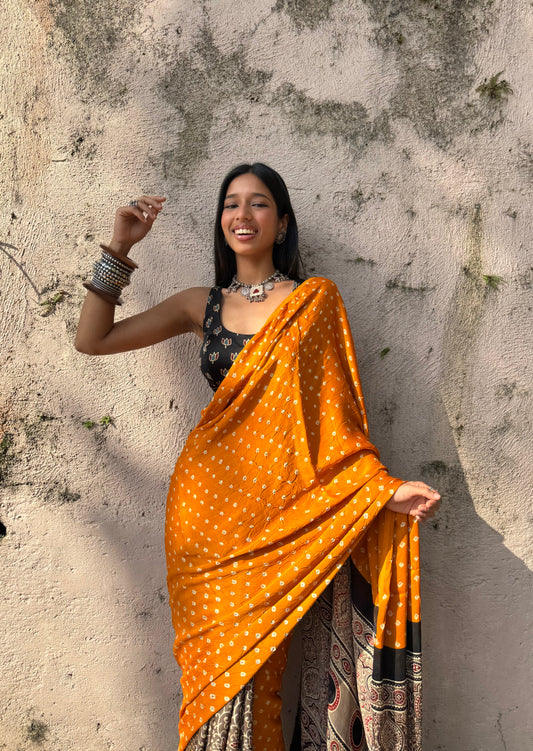 Saffron Bandhani Modal Silk Saree