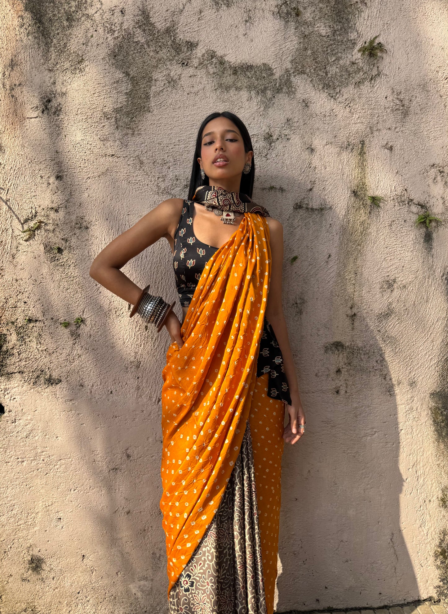 Saffron Bandhani Modal Silk Saree
