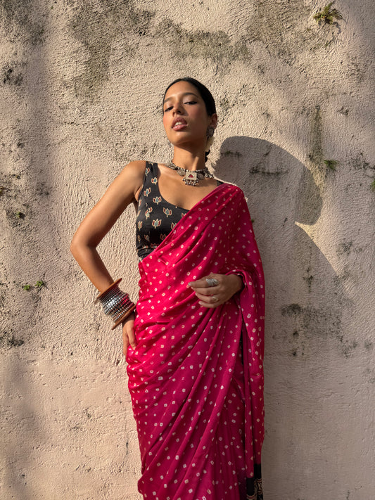 Gulaabi Bandhani Modal Silk Saree