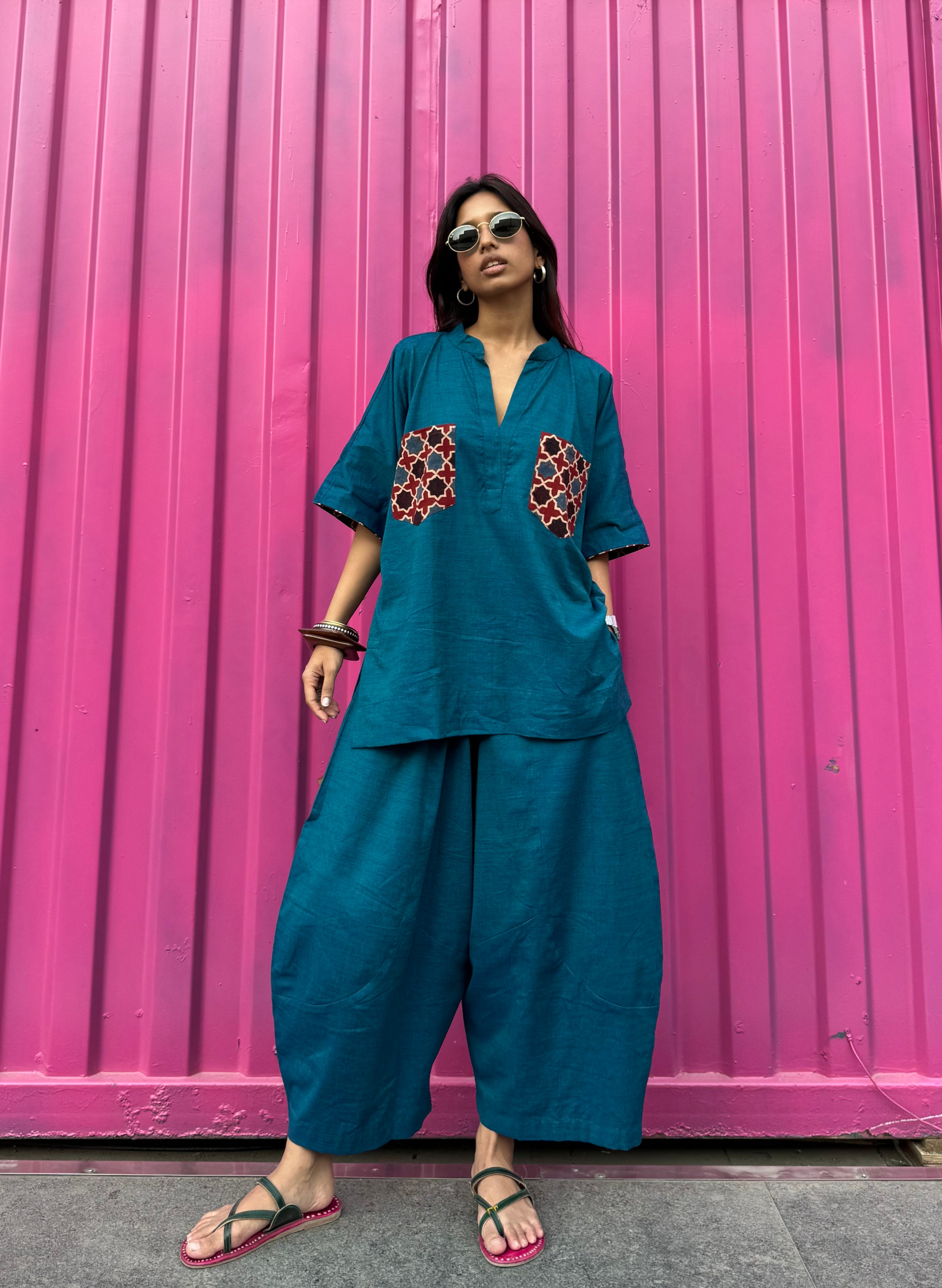 Teal Cotton Co-ord with Balloon Pants