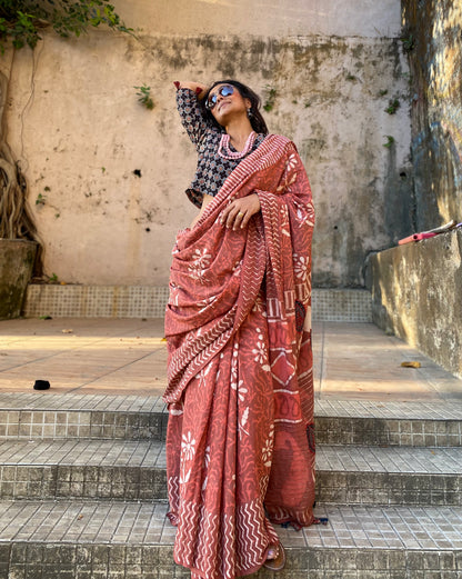 Peachy Mul cotton saree