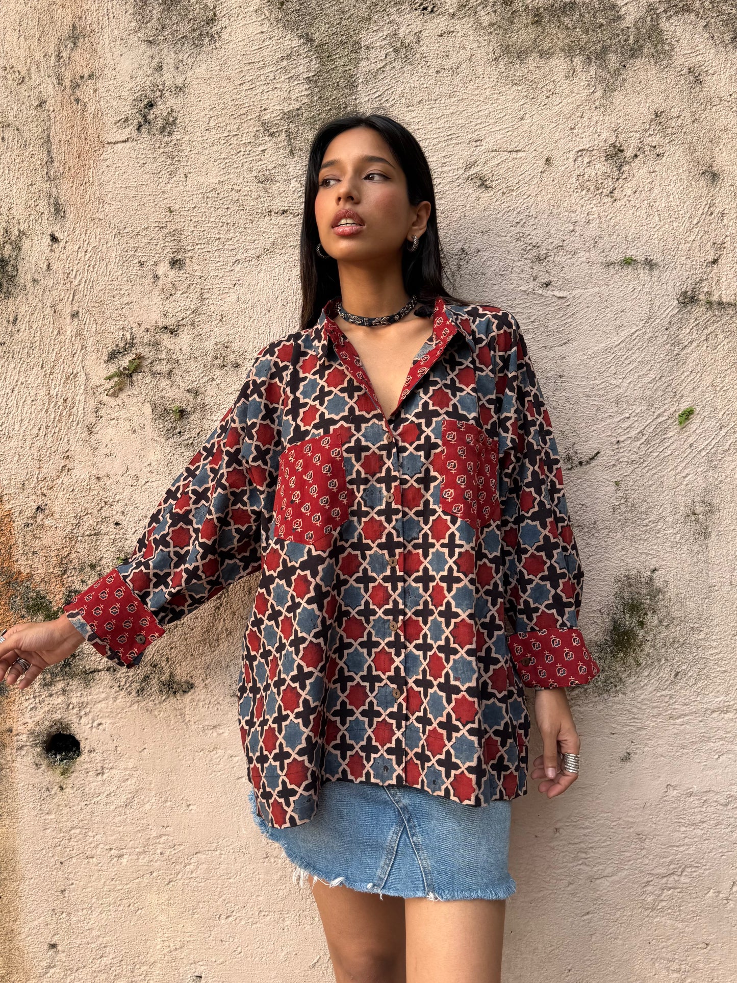 Coal Ajrakh Cotton Shirt