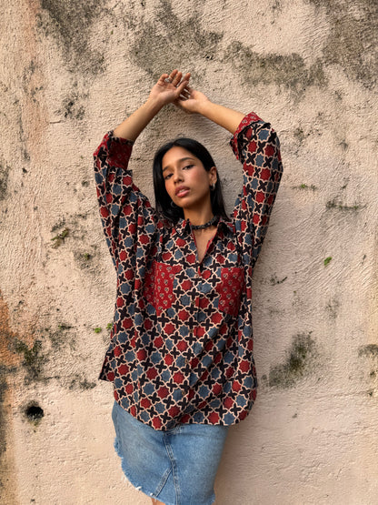Coal Ajrakh Cotton Shirt