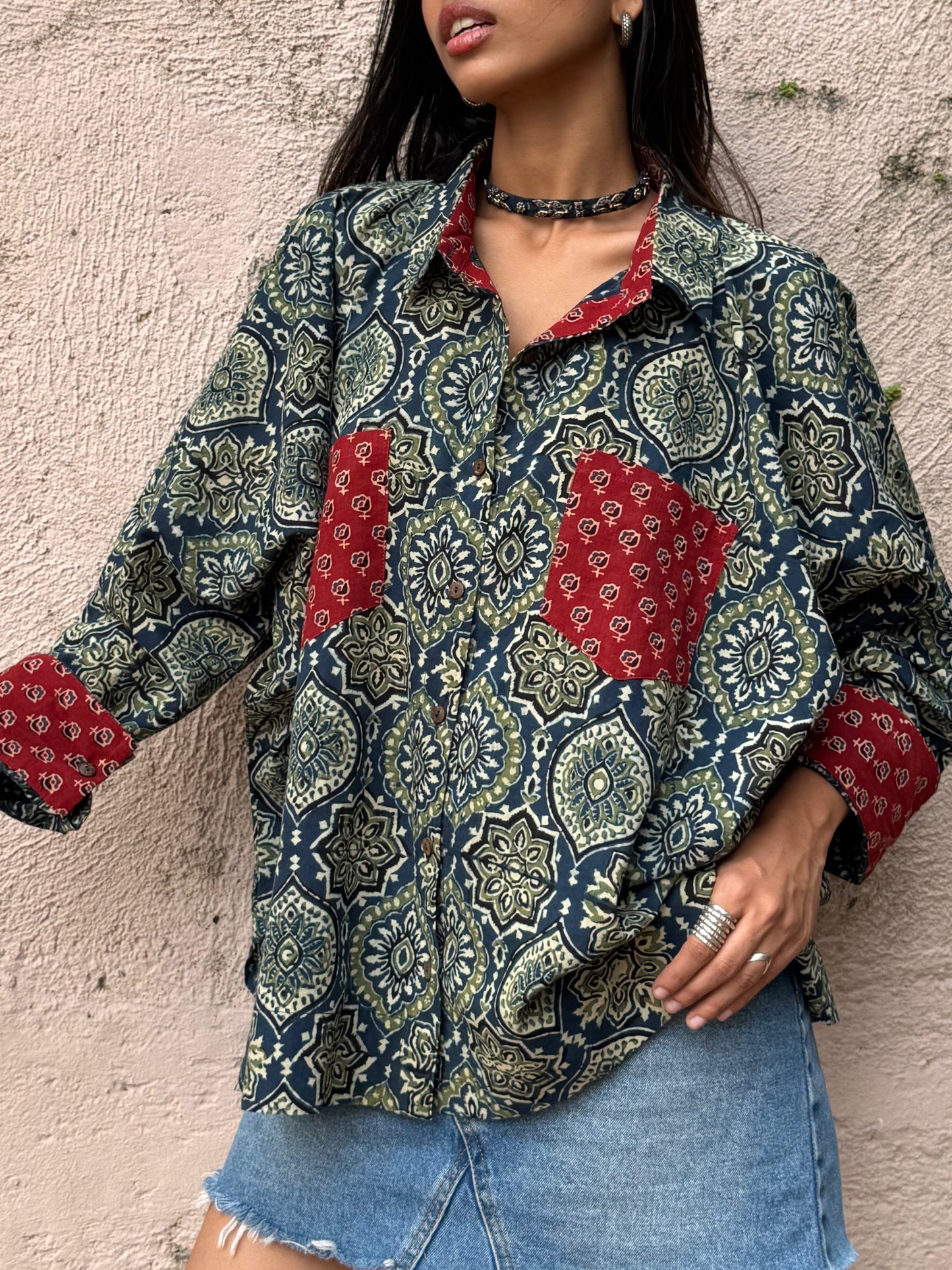 Teal Ajrakh Cotton Shirt