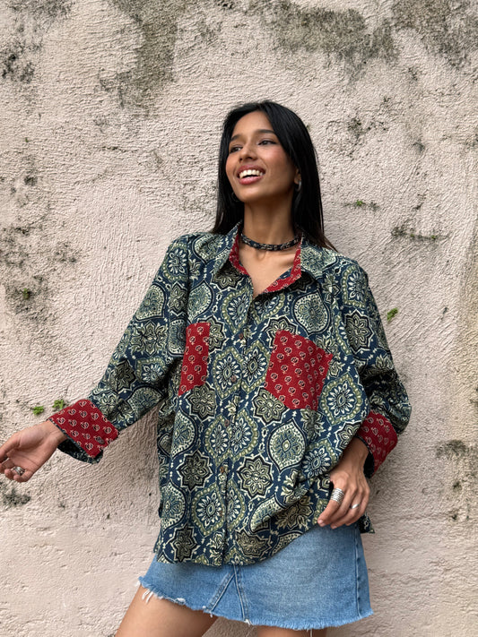 Teal Ajrakh Cotton Shirt