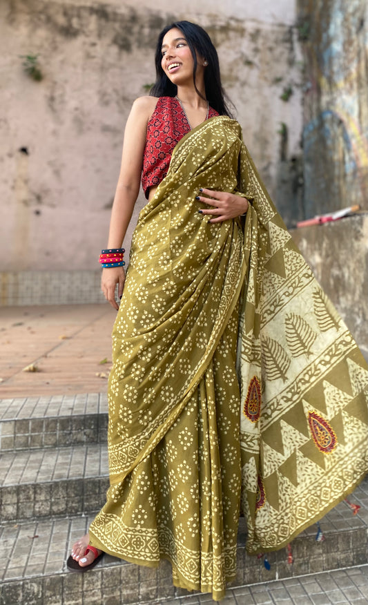 Mehendi green Mul Cotton saree