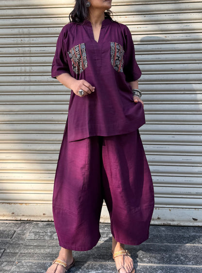 Wine Cotton Co-ord with Balloon Pants