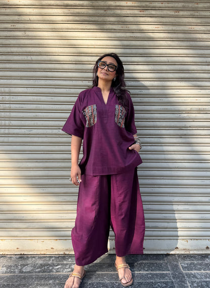 Wine Cotton Co-ord with Balloon Pants