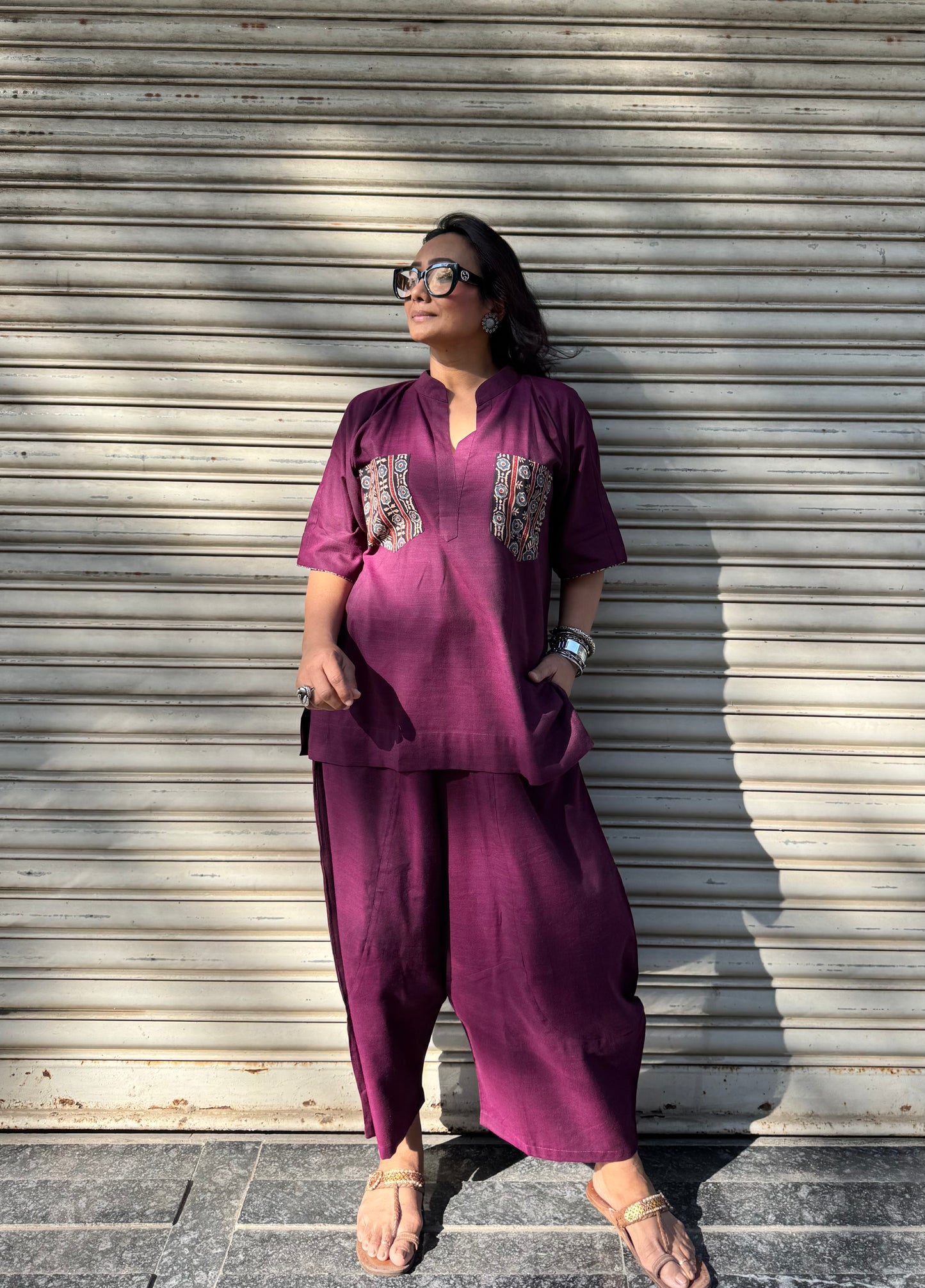 Wine Cotton Co-ord with Balloon Pants