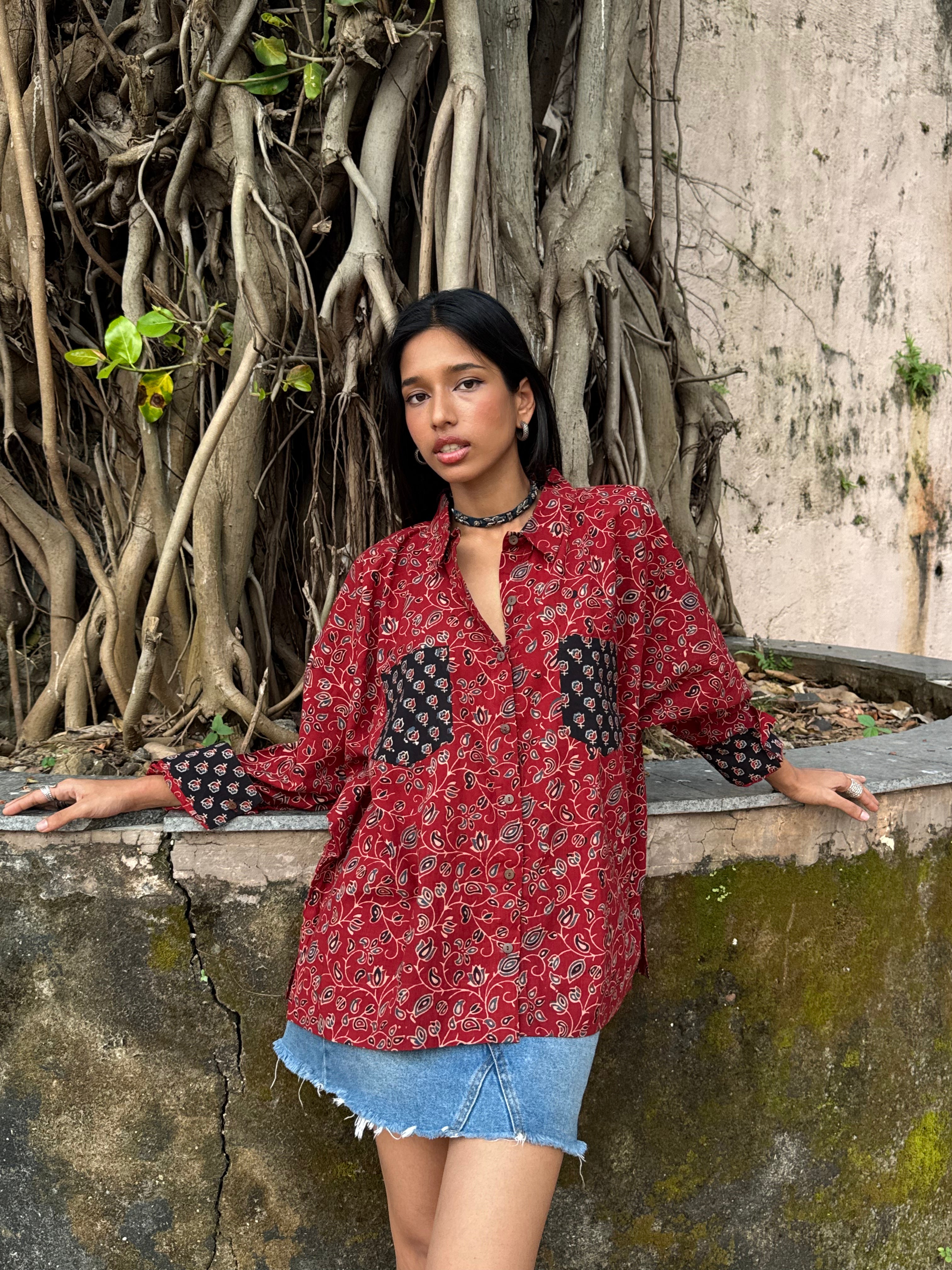 Coral Ajrakh Cotton Shirt