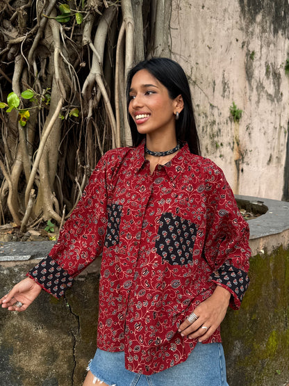 Coral Ajrakh Cotton Shirt