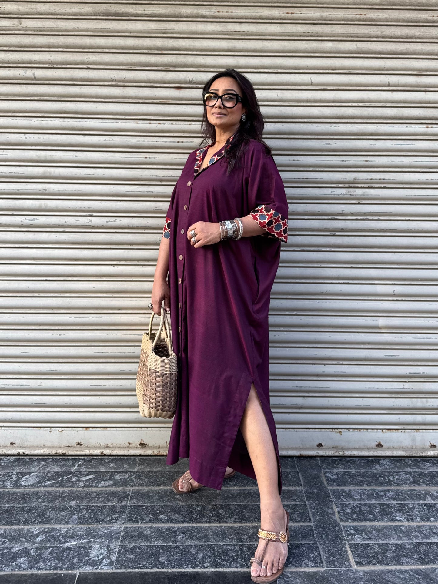 Wine Cotton Kaftan Dress
