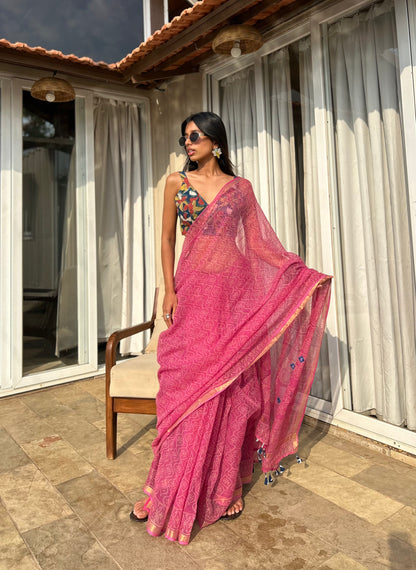 Gulaabi Kota Doria Saree