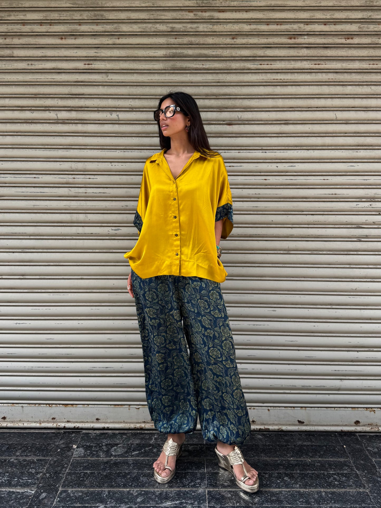 Gold Modal silk Co-ord set with Balloon pants