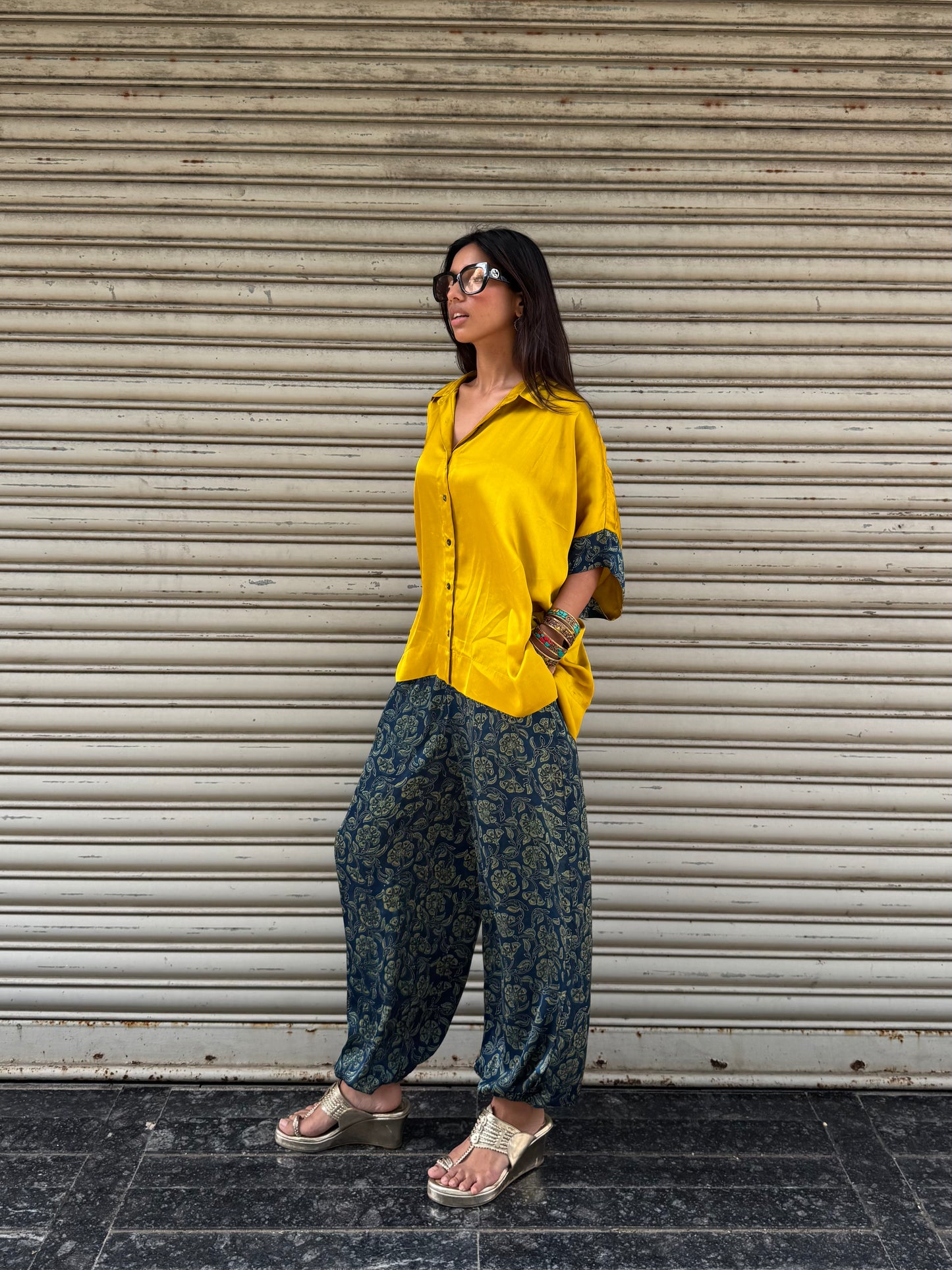 Gold Modal silk Co-ord set with Balloon pants