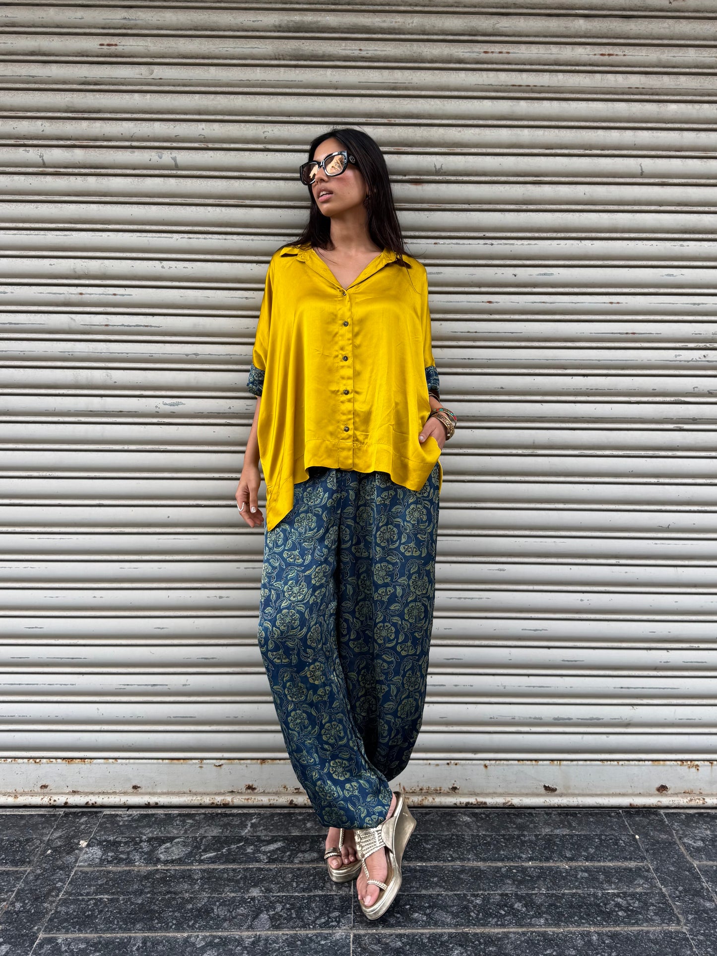 Gold Modal silk Co-ord set with Balloon pants