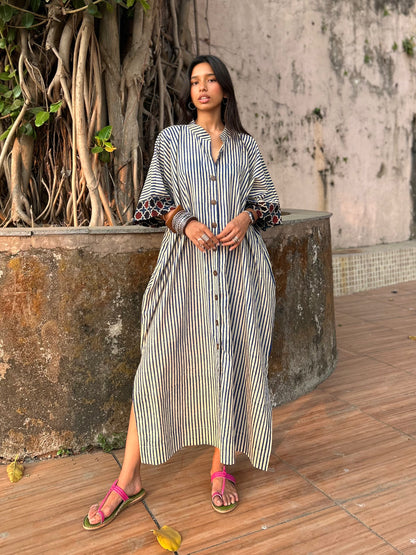 Blueberry Striped Cotton Kaftan Dress