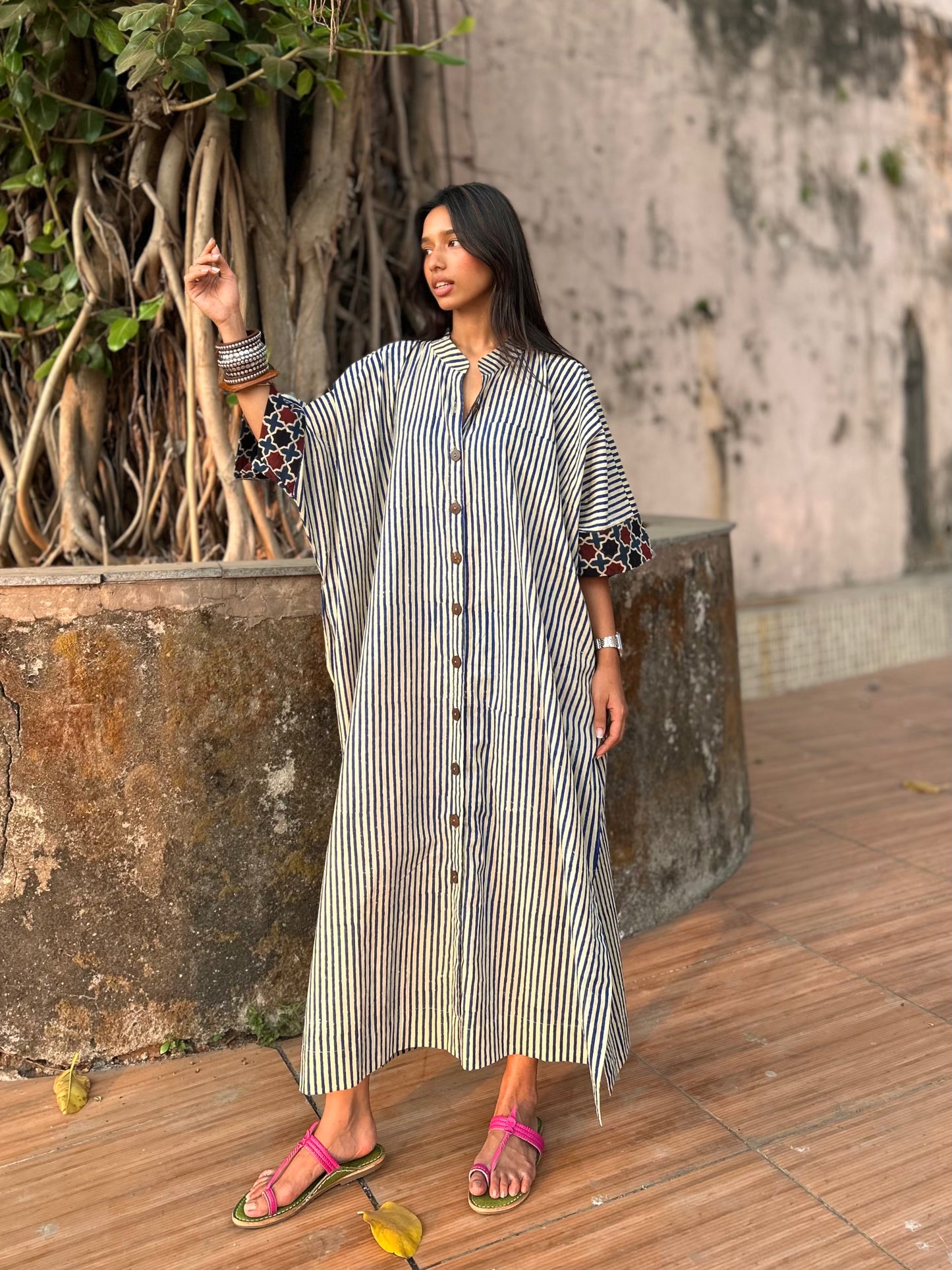 Blueberry Striped Cotton Kaftan Dress
